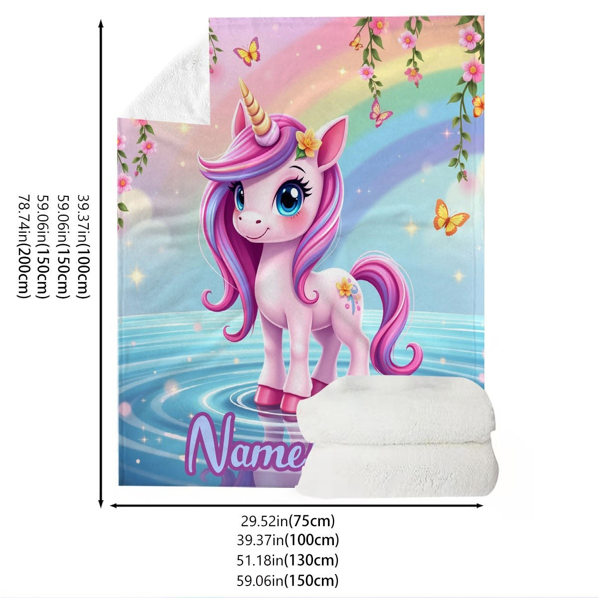 Customizable name cute unicorn pattern flannel blanket suitable for sofa, office, bed, travel, camping, suitable for all seasons