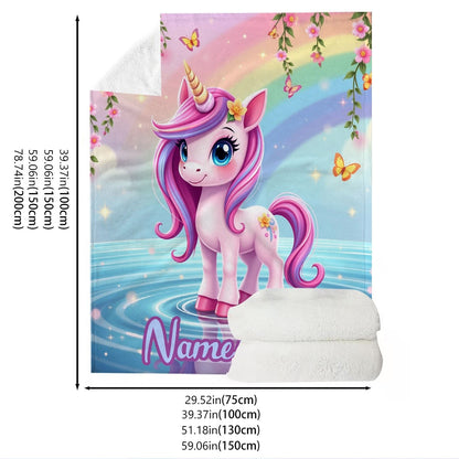 Customizable name cute unicorn pattern flannel blanket suitable for sofa, office, bed, travel, camping, suitable for all seasons