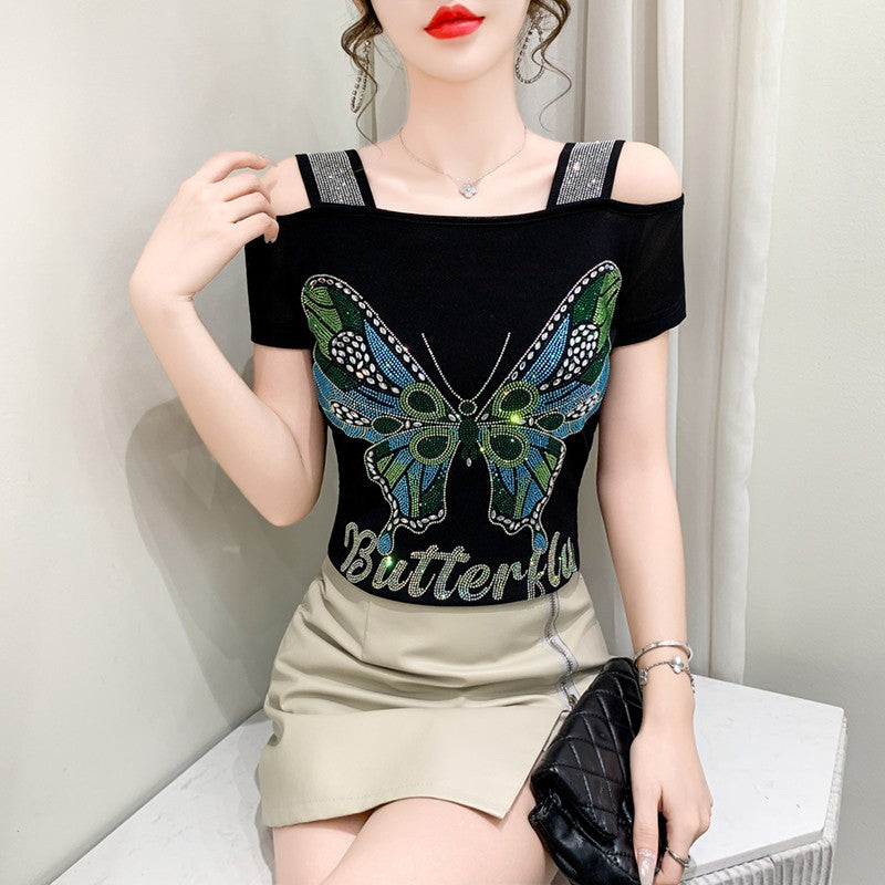 Summer New Fashion Cartoon T-shirt Chic Hollow Out Hot Diamonds Tees Sexy Off Shoulder Short Sleeve Women's Tops Blouse