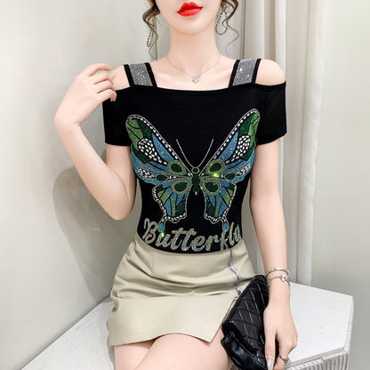 Summer New Fashion Cartoon T-shirt Chic Hollow Out Hot Diamonds Tees Sexy Off Shoulder Short Sleeve Women's Tops Blouse