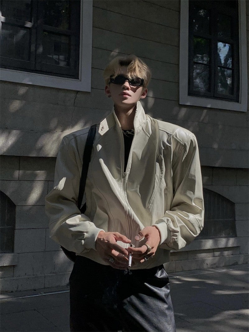 Stand Up Collar Design PU Leather Jacket Men's Retro Shoulder Pad Motorcycle Short Jacket Top