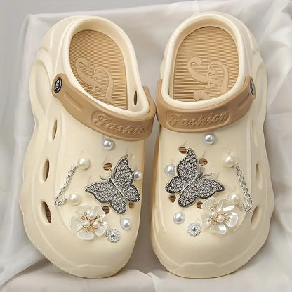 Silver Butterfly Platform Sandals for Women Summer Fashion Pearl Flower Decor Clogs Shoes Woman Thick Bottom EVA Beach Slippers