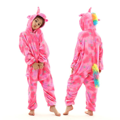 Winter Kids Pajama Sets Soft Warm Flannel Unicorn Costume Kigurumi Boy Girl Onesie Set Panda Tiger Bunny Deer Lion Pyjamas Suit