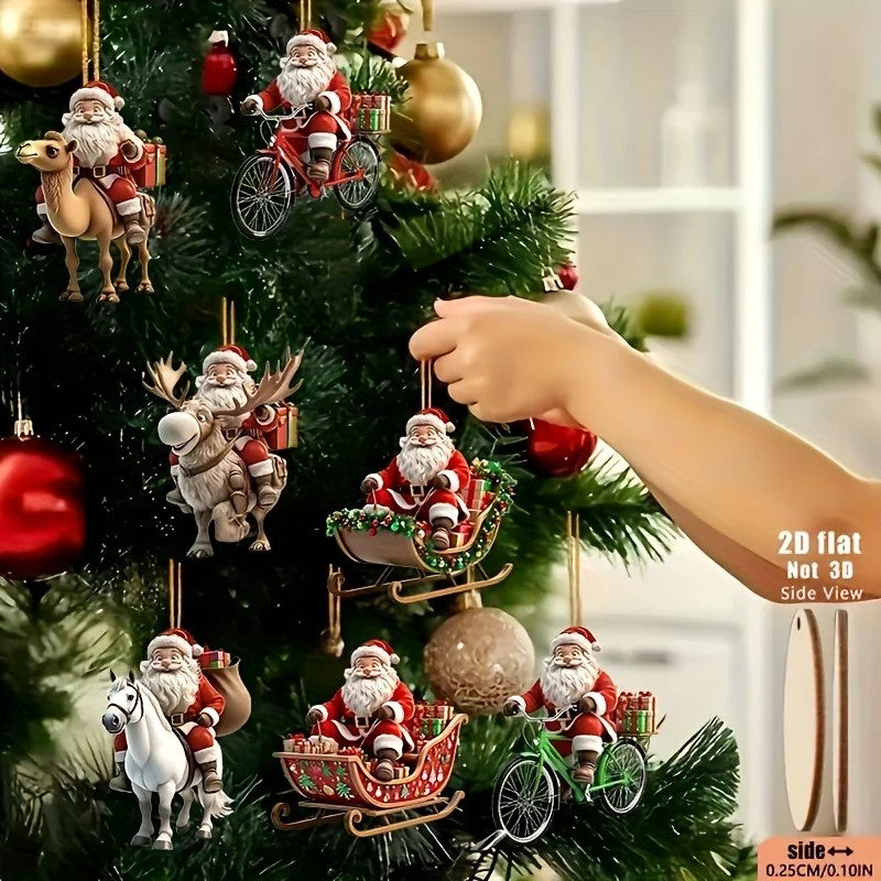 8pcs Different Riding Tools 2D Flat Santa Claus Wooden Ornament Set - Perfect for Holiday Home Decorations and Christmas Trees