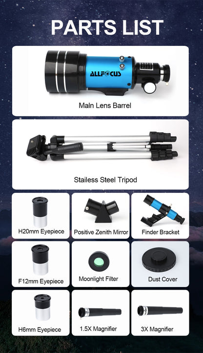 Telescópio Astronômico ALLFOCUS 30070, Telescópio de Alta Potência Grande Abertura para o Espaço, Monocular Poderoso com Lente de 70MM, Visão Noturna