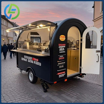 2025 Novo Design Carrinho Móvel de Venda de Café Redondo em Aço Inoxidável para Venda Trailer de Comida