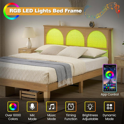 Estrutura de Cama de Casal com Cabeceira de Rattan Natural, Estrutura de Cama Plataforma de Casal com Luzes LED e Cabeceira de Rattan, Madeira