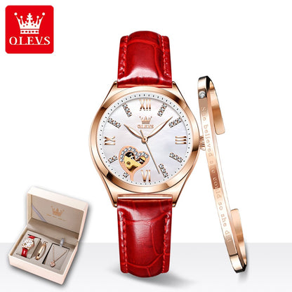 OLEVS 6636 Luxury Women Watch Fully Automatic Hollow Design Diamond Heart shaped Watch Elegant Mechanical Women Bracelet Watch