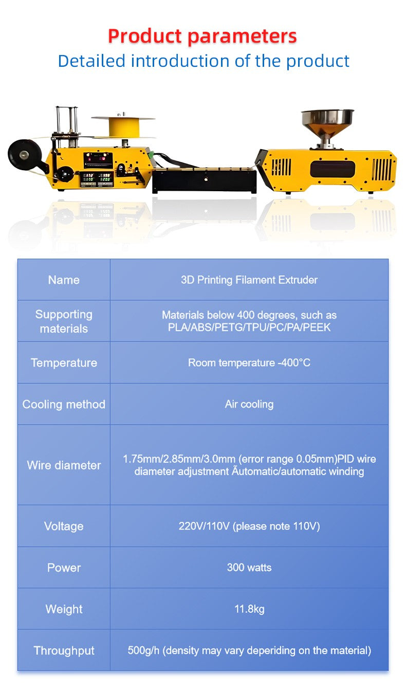 HT400 Desktop Extruder 3D Printing Filament Maker For 3D Filament Automatic Wire Diameter 1.75mm 3mm for PLA PETG PA ABS PC PP