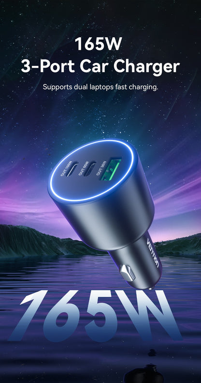 Carregador Veicular Vention 165W USB C 12V 3 Portas PPS PD 45W para Samsung S25 iPhone 17 16 Macbook PD QC3.0 Adaptador de Carregamento Rápido 100W