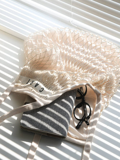 1PCS Personalised Name Mesh organic Cotton Bag with Long handle Reusable Washable Beach Bag Organizer for Shopping Grocery Bag