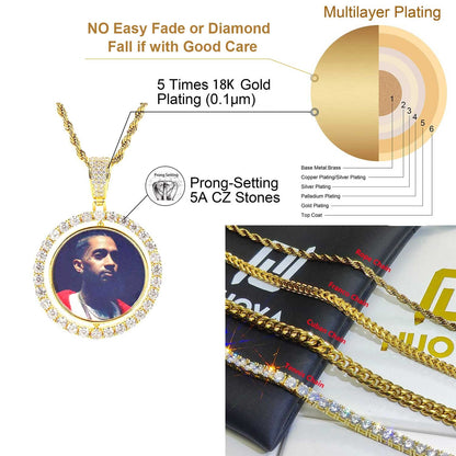 Wholesale Custom Photo Pendant Memory Medallions Rotary Double-Sided Picture Necklace Hip Hop Iced Jewelry Personalized Gift