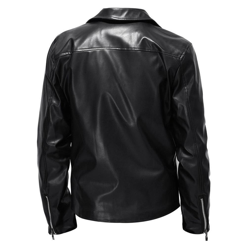 Men's Motorcycle PU Leather Jacket Fashionable Solid Color Slim Fit Zipper Long Sleeved Lapel Leather Jacket Men's Clothing