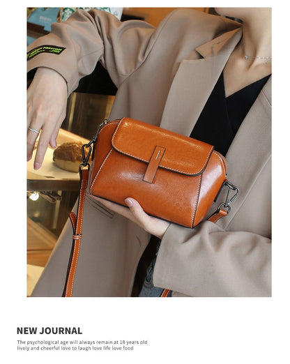 Oil Wax Cowhide Genuine Leather Crossbody Small Bag for Women Fashionable Versatile Shoulder Shell Handbag Lady Casual Phone Bag