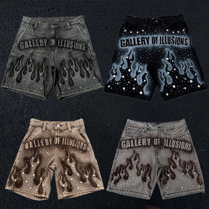Goth Print Silk Jeans Men Shorts Street Harajuku Hiphop Vintage High Waited Denim Shorts of Men Clothing Casual Loose Pants Mens