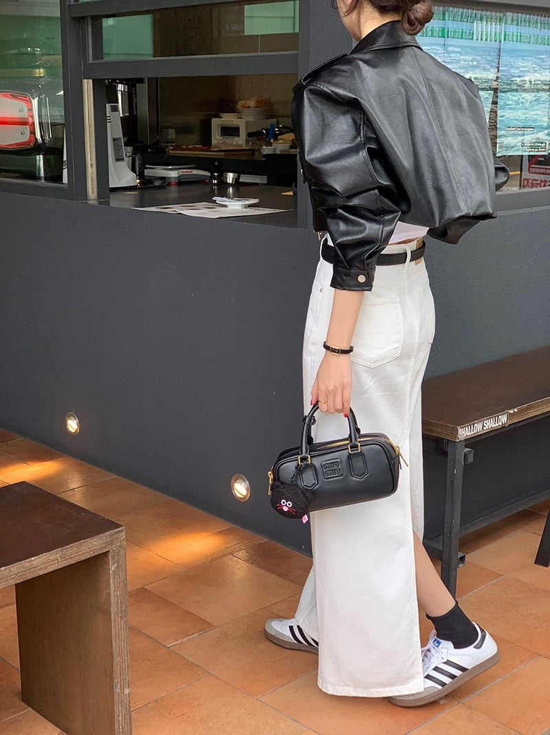 Women's Loose ort PU Leather Jaet Double ket Retro Collar Zipper Versatile Motorcycle Sle Top Trendy Commute Wind