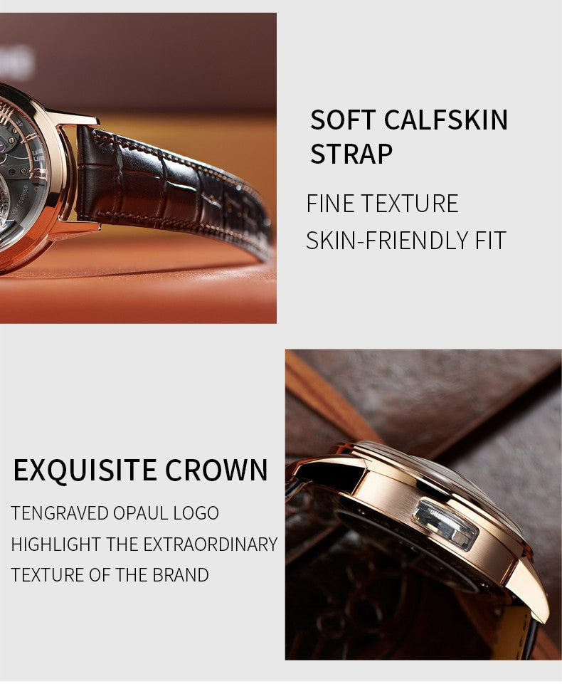 OBLVLO Luxury Retro Casual Men Skeleton Automatic Watches Mechanical Calfskin Strap Mineral Crystal Glass Waterproof Dial 45 VM