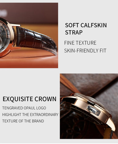 OBLVLO Luxury Retro Casual Men Skeleton Automatic Watches Mechanical Calfskin Strap Mineral Crystal Glass Waterproof Dial 45 VM