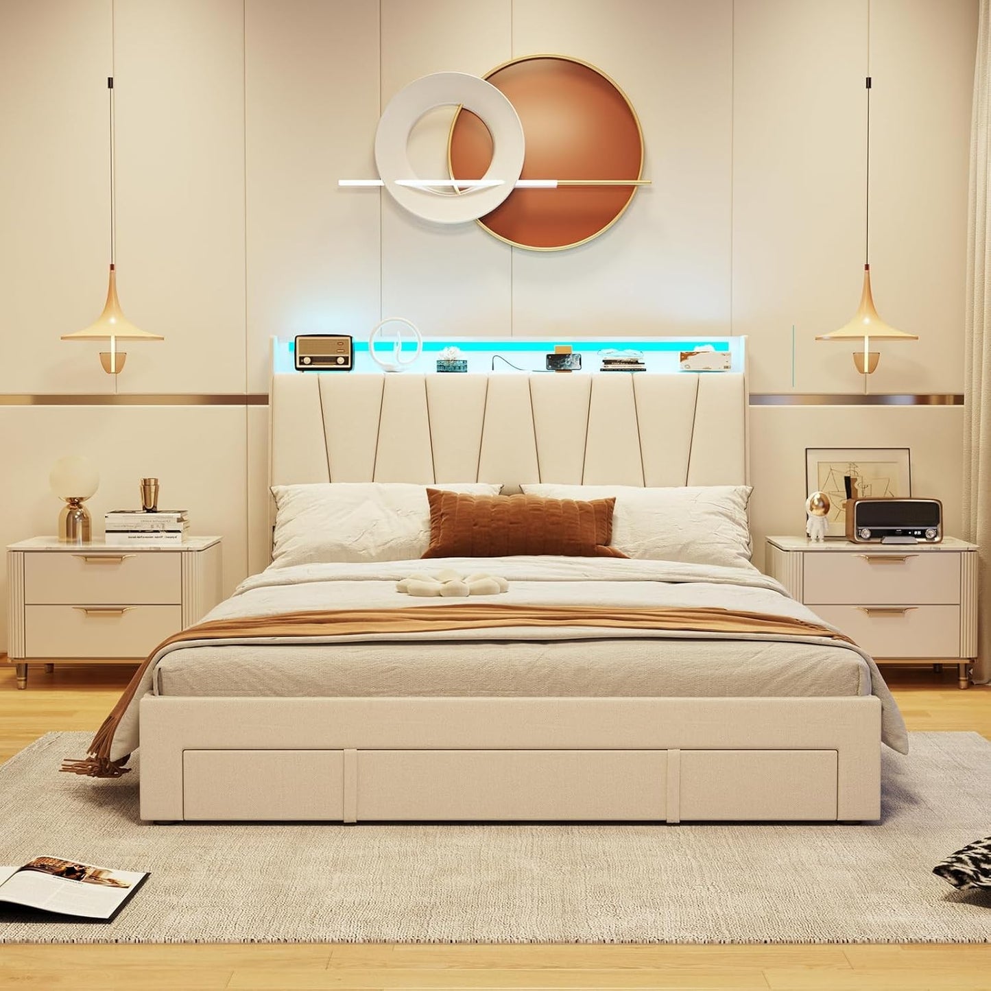 Full Size Bed Frame with Storage Headboard and 3 Drawers,Upholstered Platform Bed with Charging Station,Full Bed Frame w