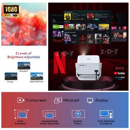 XGODY 650ANSI Projector 4K 1080P Android 13 Netflix Offically Projectors Auto Keystone Focus Air Mouse Wifi BT5.2 Portable Home