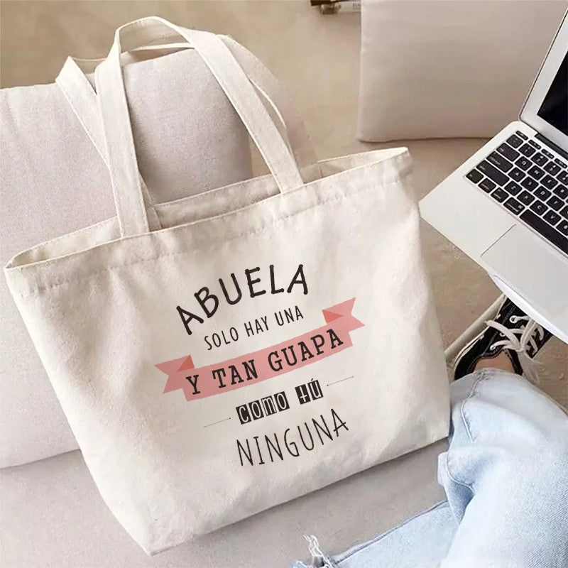 Spanish Abuela Quote Tote Bag Vibrant Shoulder Handbag with Heart Ribbon Design Perfect for Mother’s Day & Grandma Appreciation