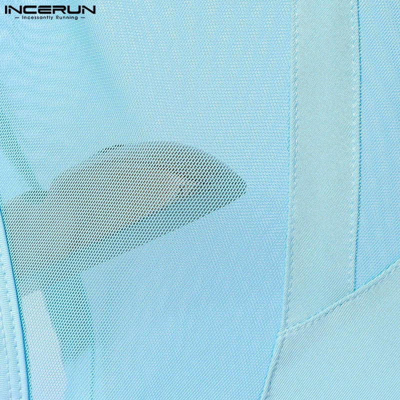 INCERUN American Style Bodysuits Fashion Mens Mesh Splicing Side High Slit Triangle Jumpsuits Sexy Homewear Sleeveless Jumpsuits