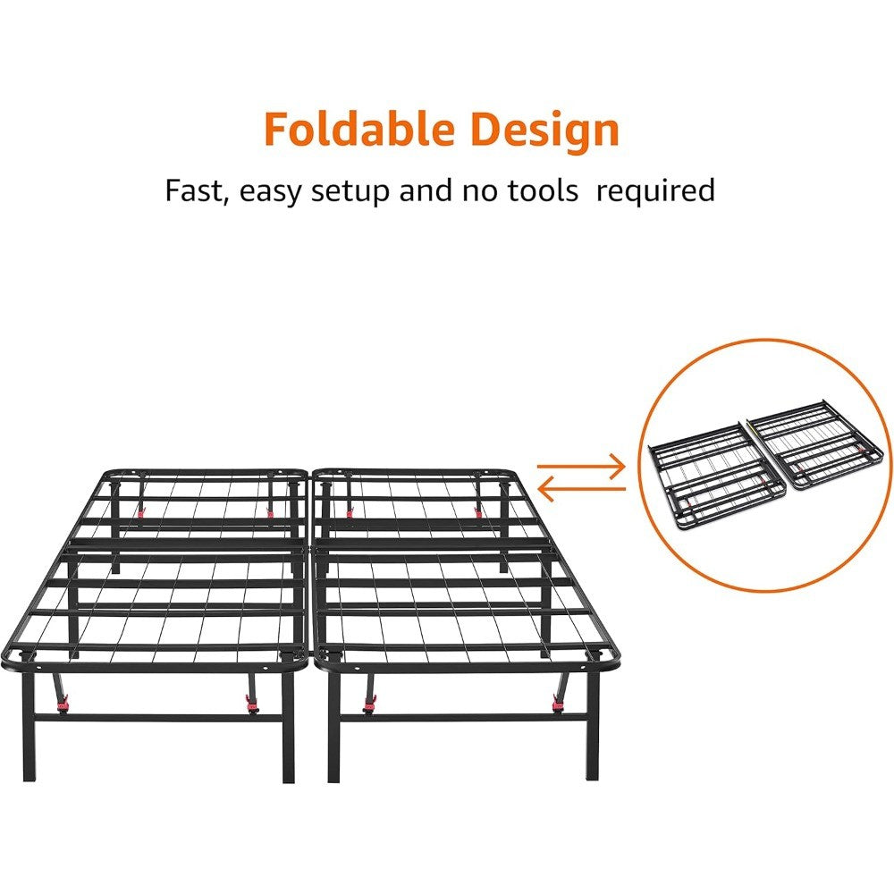 Folding Metal Bed Frame with Storage, Sturdy Steel, No Box Spring Needed, 14 Inches High, Easy Assembly