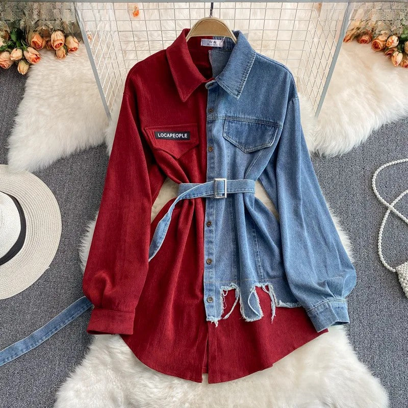 Slimming Denim Patchwork Lapel Dress Autumn Waist-fitted Medium-length Shirt