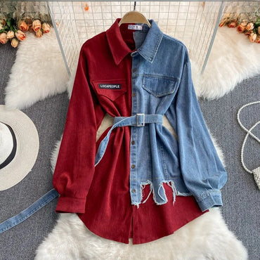 Slimming Denim Patchwork Lapel Dress Autumn Waist-fitted Medium-length Shirt