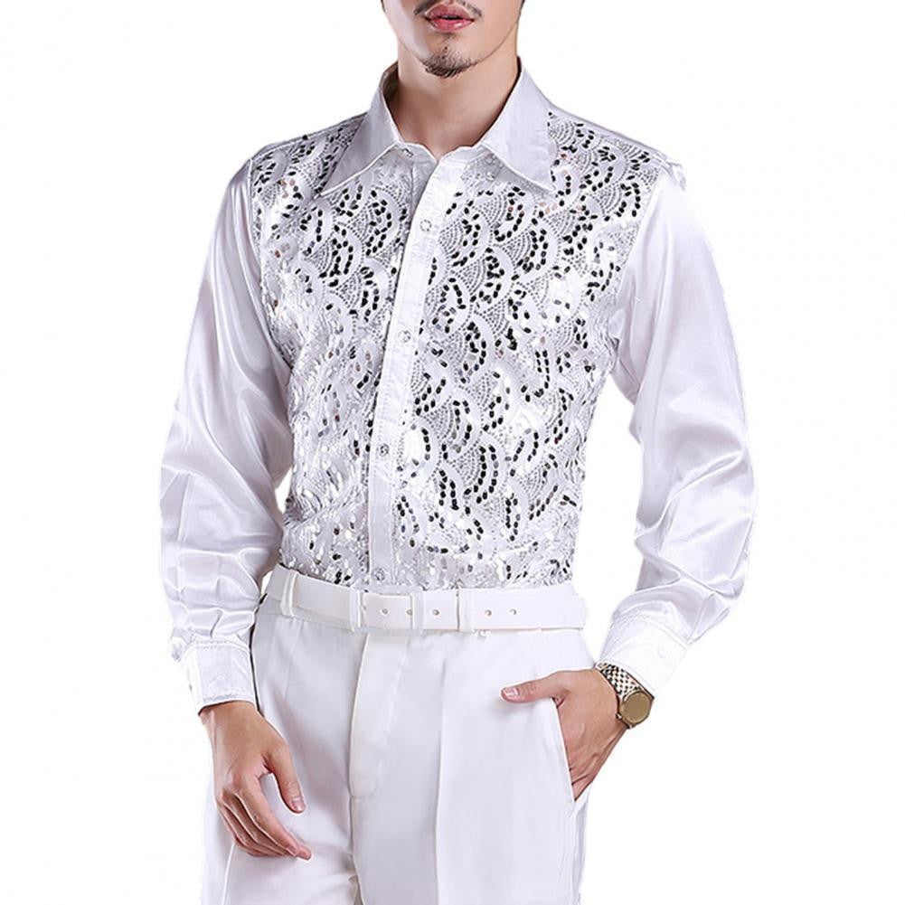 Men Sequins Shirt Adult Lapel Long Sleeved Dance Performance Shirt Costume Wedding Stage Shirt Slim Fit Casual Men Shirts Tops