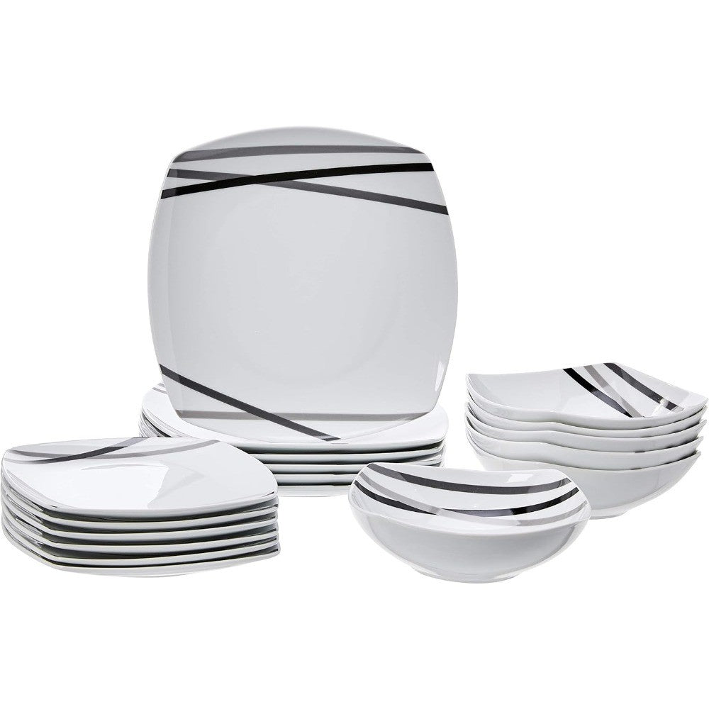 Amazon Basics 18 Piece Kitchen Dinnerware Set - Square Plates, Bowls, Service for 6 - Modern Beams