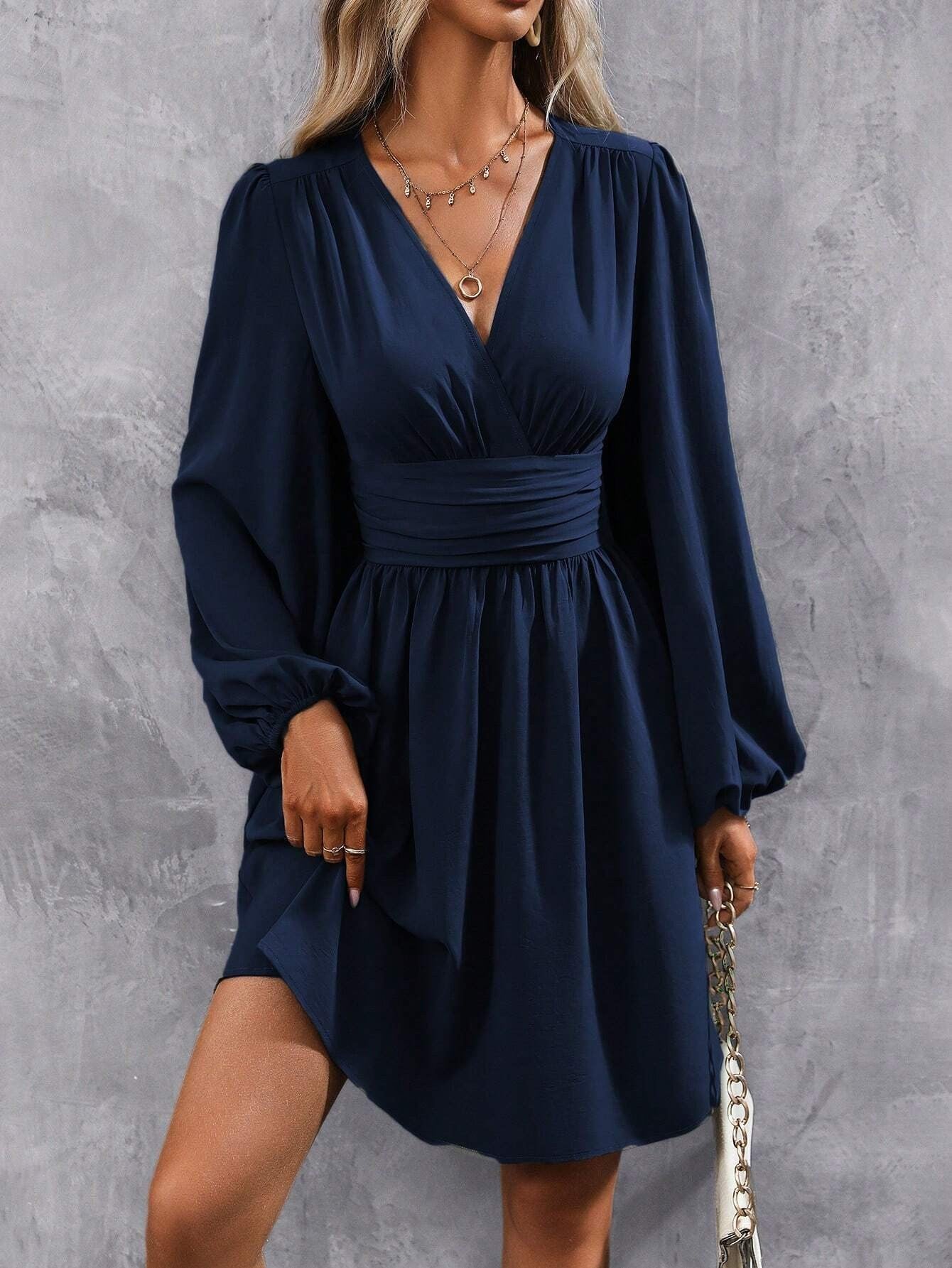 Dresses 2025 Woman Clothing V Neck Lantern Sleeve Wrap Mini Dress Ruched Waist Flowy Hem Elegant for Autumn and Party Styles ?