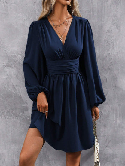 Dresses 2025 Woman Clothing V Neck Lantern Sleeve Wrap Mini Dress Ruched Waist Flowy Hem Elegant for Autumn and Party Styles ?