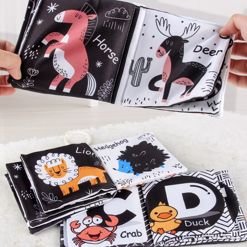 Livro de Pano de 12 Páginas Montessori Tátil e Sensorial Livros Macios para Bebês Animais de Desenho Animado Brinquedos Interativos de Educação Infantil para Bebês
