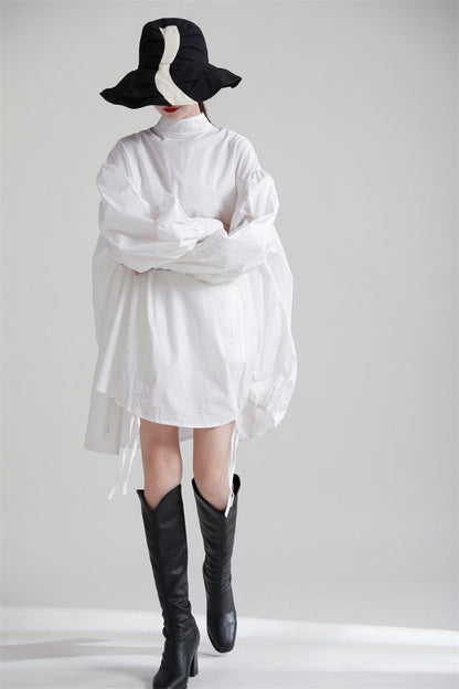 2025 Women Irregular Drawstring Big Size White Blouse New Stand Collar Long Sleeve Shirt Fashion Tide Spring Autumn