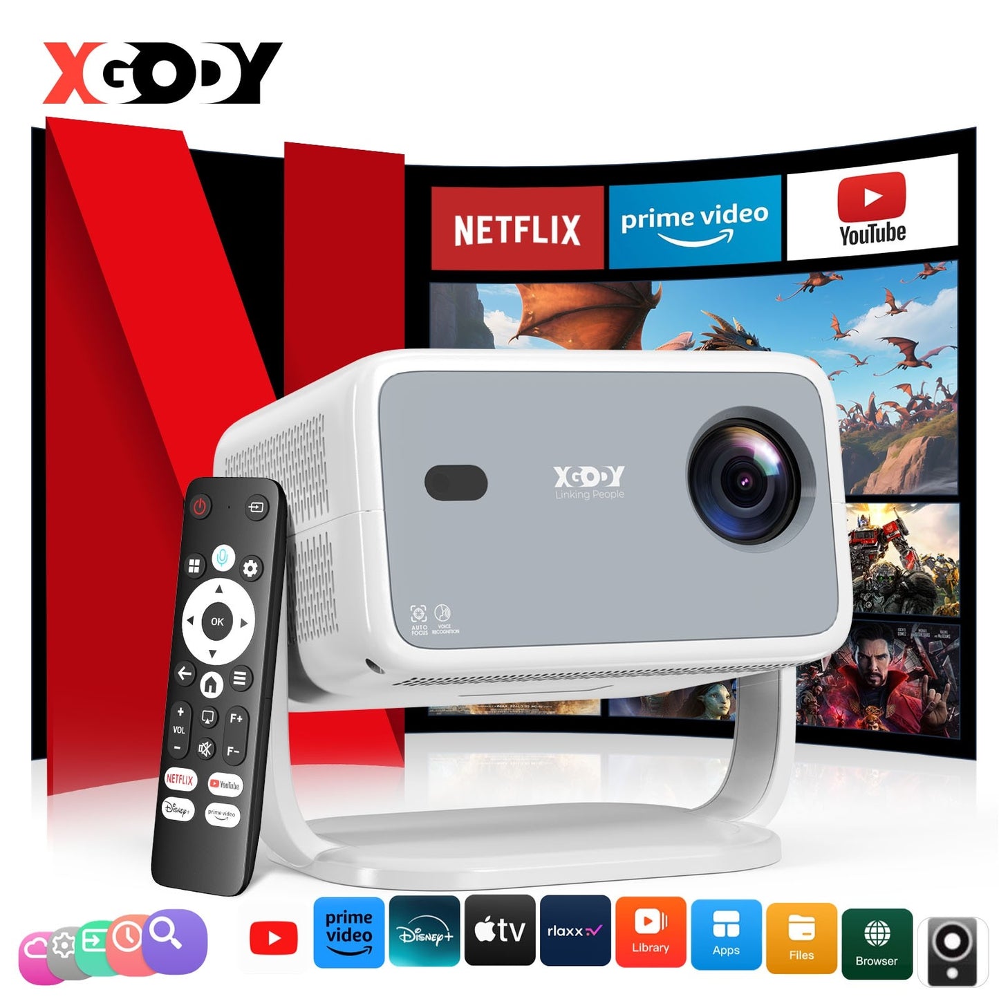 Projetor Inteligente XGODY Netflix Oficial 4K Suportado 650 Ansi Reconhecimento de Voz IA Foco e Correção Trapezoidal Automáticos para Filmes em Casa