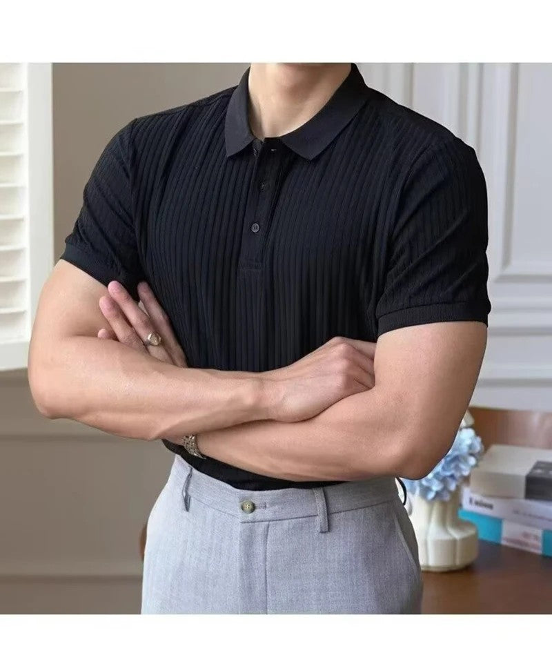 New Vertical Stripe Knit Polo Men's Shirts Summer Slim Solid Color Breathable Turn-Down Collar Business Short Sleeve Polo Tops