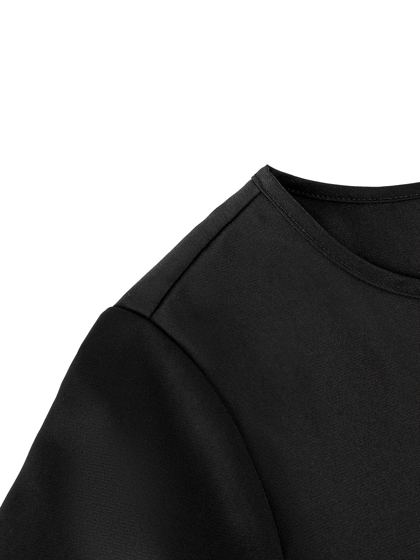 Women's Black Crew Neck Long Sleeve Blouse with Ruffled Cuffs - Casual Elegant Outfit