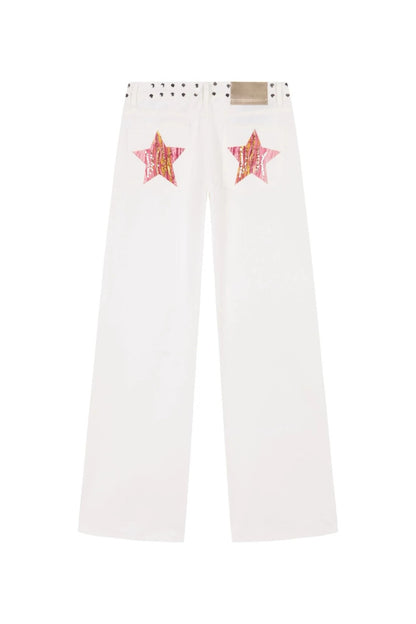 Spanish Street Fashion ONE DILEMMA Style Rivet Five-pointed Star Pattern White Jeans Women's Autumn Slim Straight Pants
