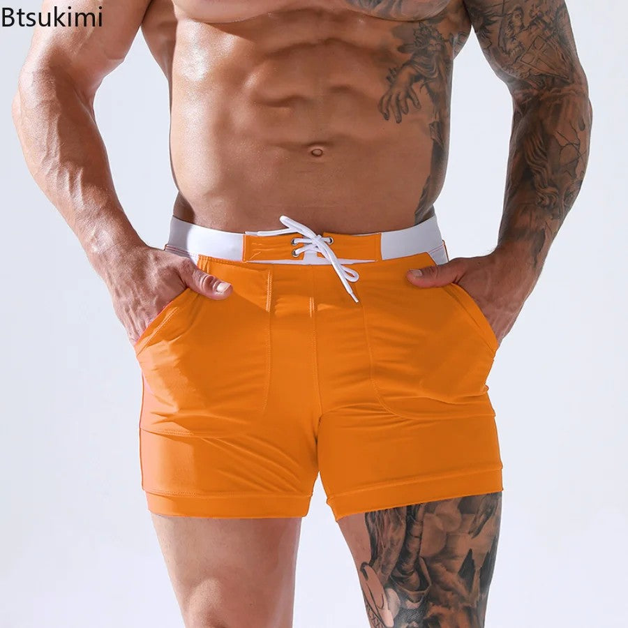 Men's Summer Swimwear Shorts Quick Dry Swimming Trunks Surf Board Solid Shorts Boxer Briefs Swimsuit Beach Sun Bathing Shorts