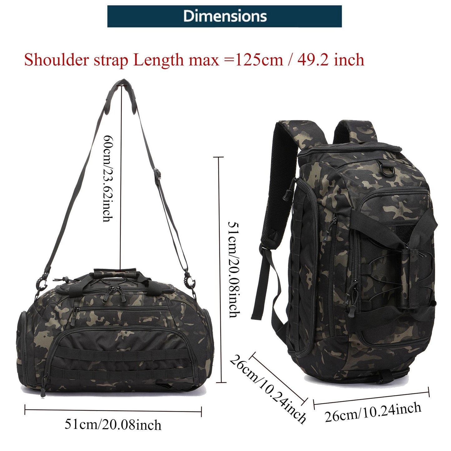 Tactical Gym Backpack with Shoe Compartment Convertible 3-in-1 Duffel Sling Bag for Men Women Weekender Overnight Travel Bag