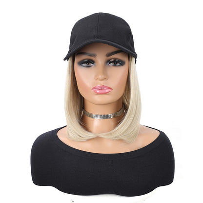 Boné de Beisebol com Extensões de Cabelo Sintético Cabelo Liso Curto Bob Chapéu Peruca Ajustável Removível 25 cm para Mulher Menina