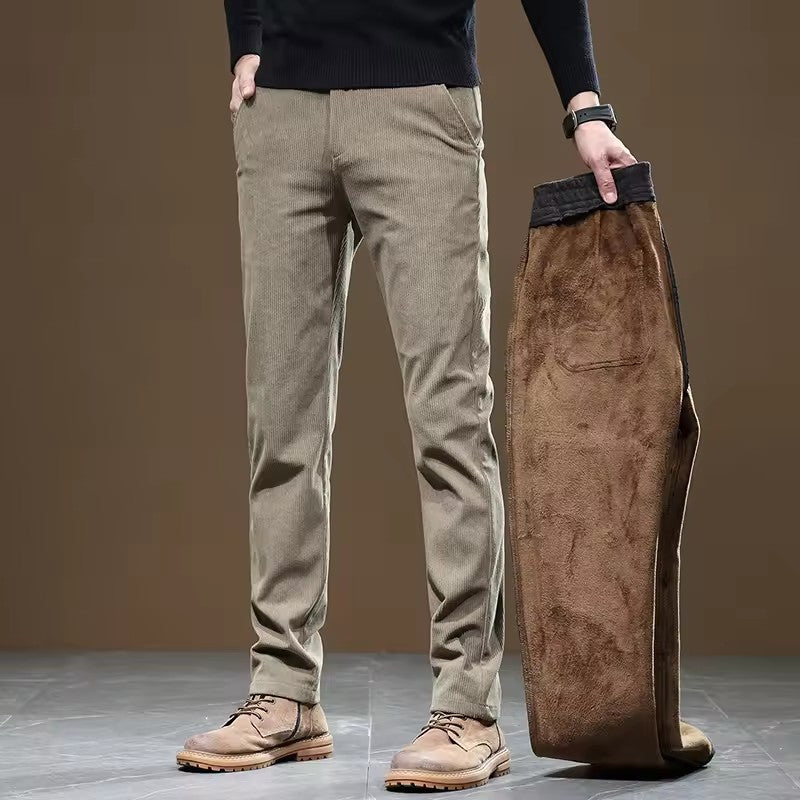 New Fleece Pants Men Casual Work Business Trousers Winter Corduroy Straight Slim Pants Outdoor Streetwear Thick Warm Sweatpants