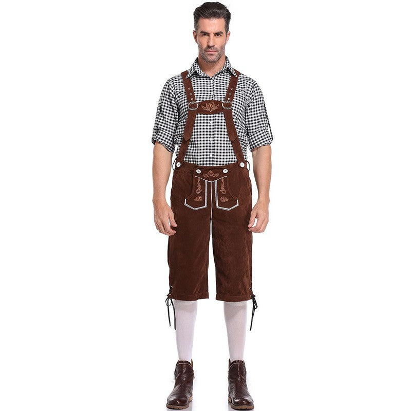 Germany Oktoberfest Costumes Adult Men Traditional Bavarian Beer Shorts Outfit Overalls Shirt Hat Suspenders Set Halloween Cloth