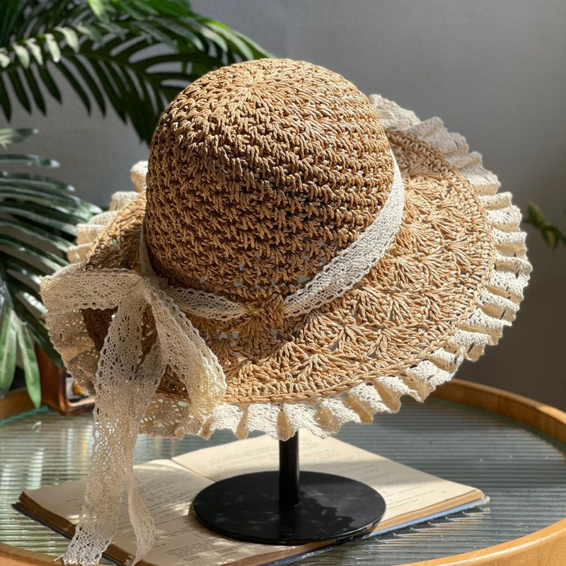 Summer Foldable Lace Edge Straw Hat for Women's Handwoven Cute Bow Sunshade Hat for Vacation Beach Hat