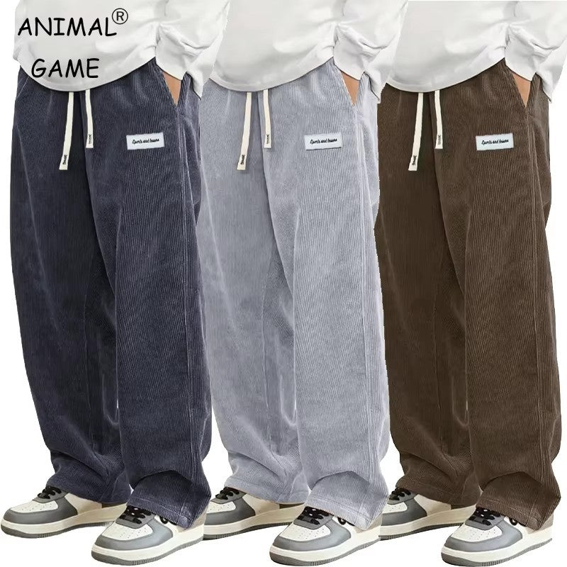 Calças masculinas de veludo cotelê outono, casuais, folgadas, retas, com elástico na cintura e cordão, para uso externo e streetwear