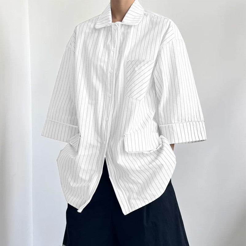 INCERUN Men Striped Shirt Lapel 3/4 Sleeve Oversize Casual Men Clothing Streetwear Korean Style Loose Fashion Tops Male Shirts