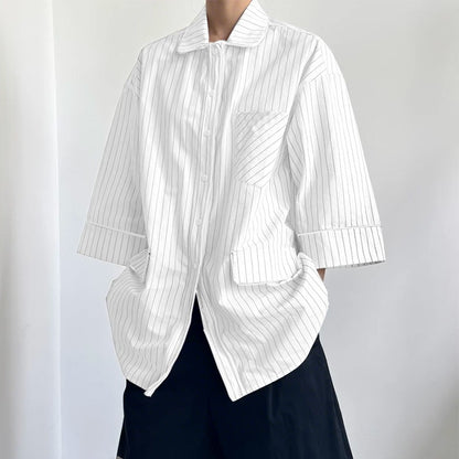 INCERUN Men Striped Shirt Lapel 3/4 Sleeve Oversize Casual Men Clothing Streetwear Korean Style Loose Fashion Tops Male Shirts