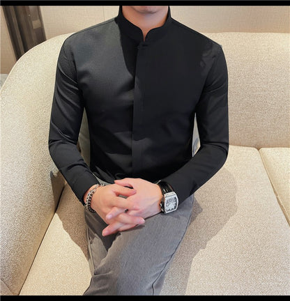 Men Standing Collar Shirt Long Sleeved 2024 Autumn British Style Solid Casual Hidden Button Elastic Slim Fit Formal Dress Shirt