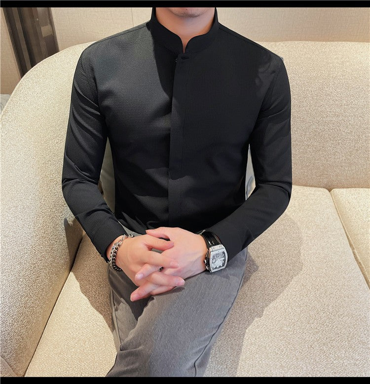Men Standing Collar Shirt Long Sleeved 2024 Autumn British Style Solid Casual Hidden Button Elastic Slim Fit Formal Dress Shirt